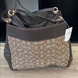 Coach Brown and Cream Signature Shoulder Bag